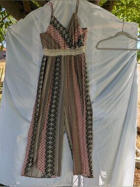 Justify Olive & Pink Striped Boho Lace-Trim Jumpsuit